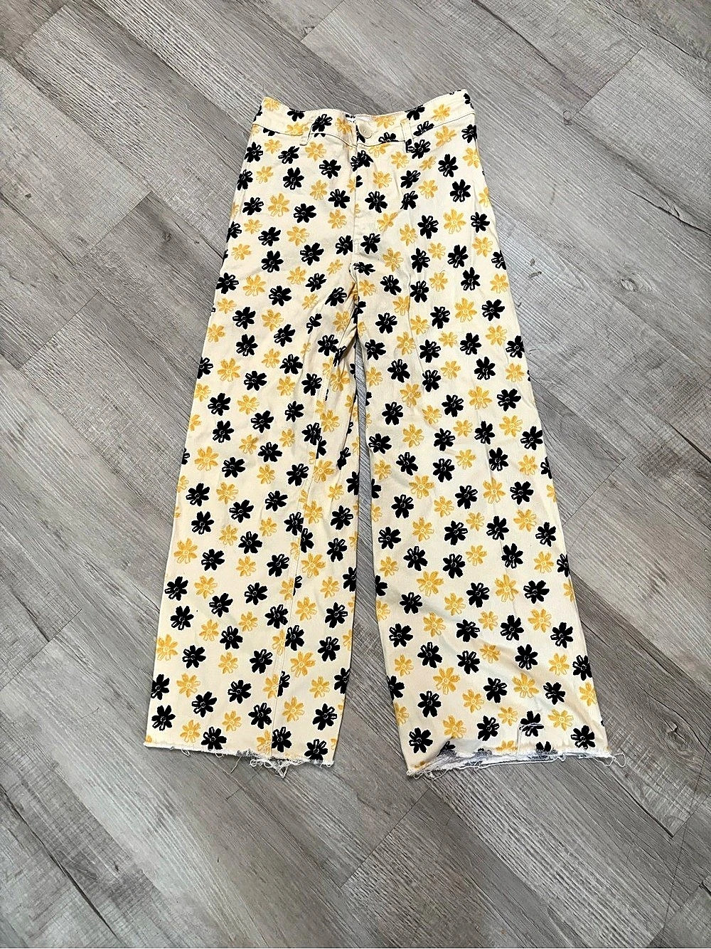 Zara The Marine Straight Floral Wide Leg Pants in Cream & Yellow